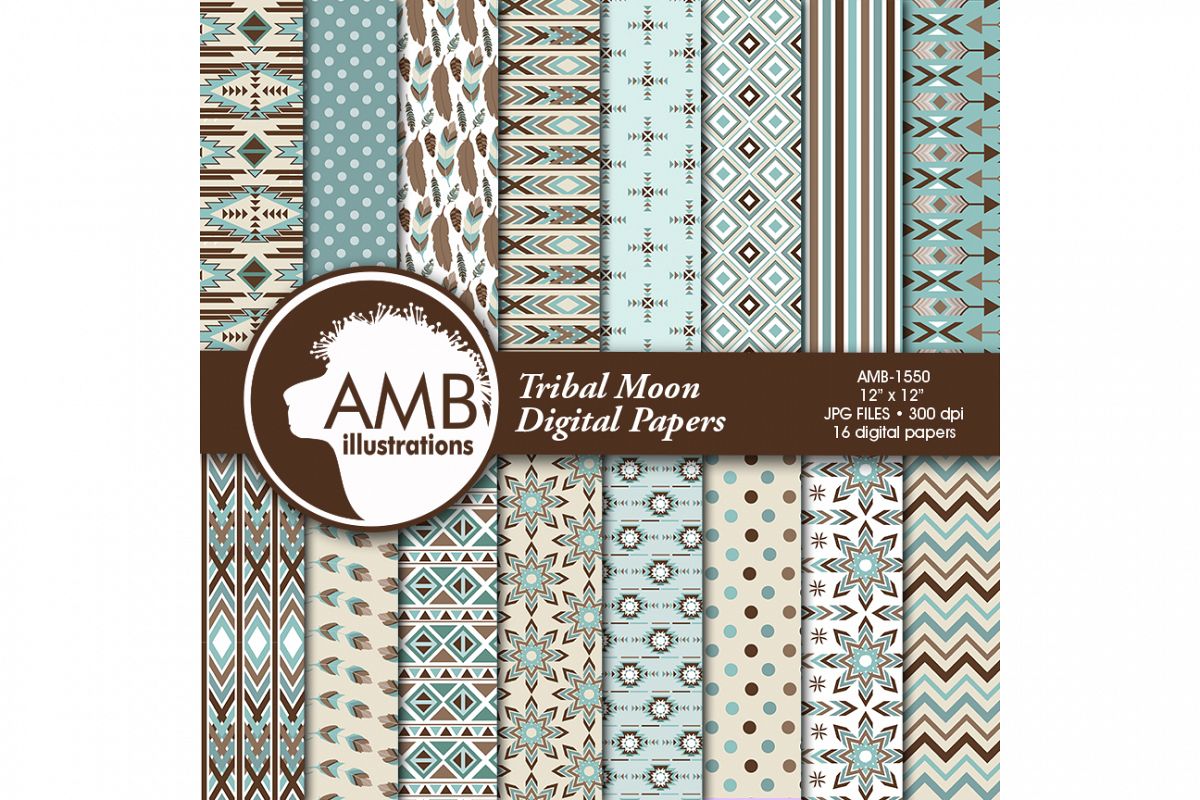 Arrows Tribal, Feathers Digital Papers, Tribal misty blue and brown Papers, Arrows Triangles, Chevron, instant download, AMB-1550 example image 1