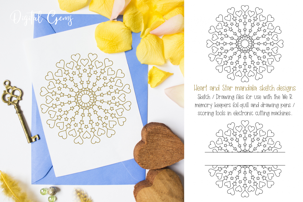 Heart and star mandala, single line sketch / foil quill file example image 1