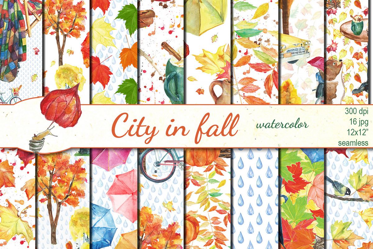 Watercolor City in fall seamless patterns example image 1