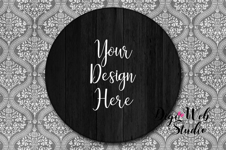 Wood Sign Mockup - Black Round Wood Sign on Damask Wallpaper example image 1