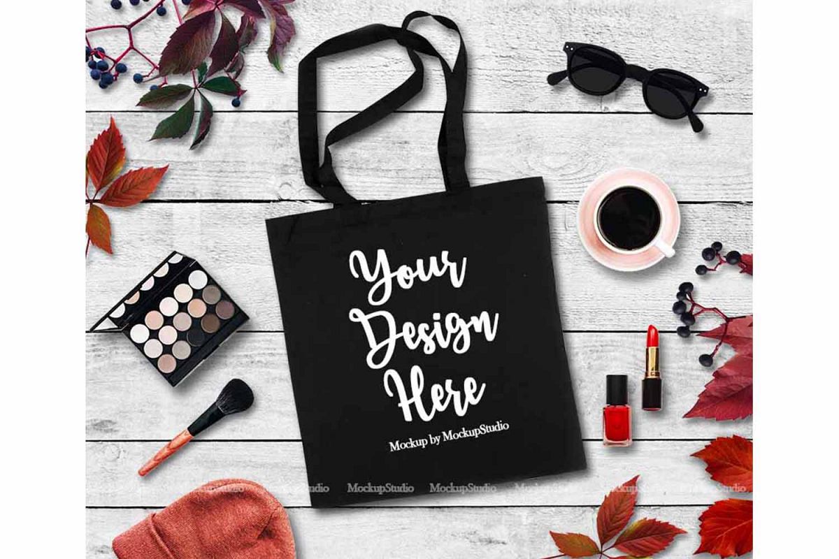 Download Fall Tote Bag Mock Up Black Canvas Tote Feminine Flat Lay ...