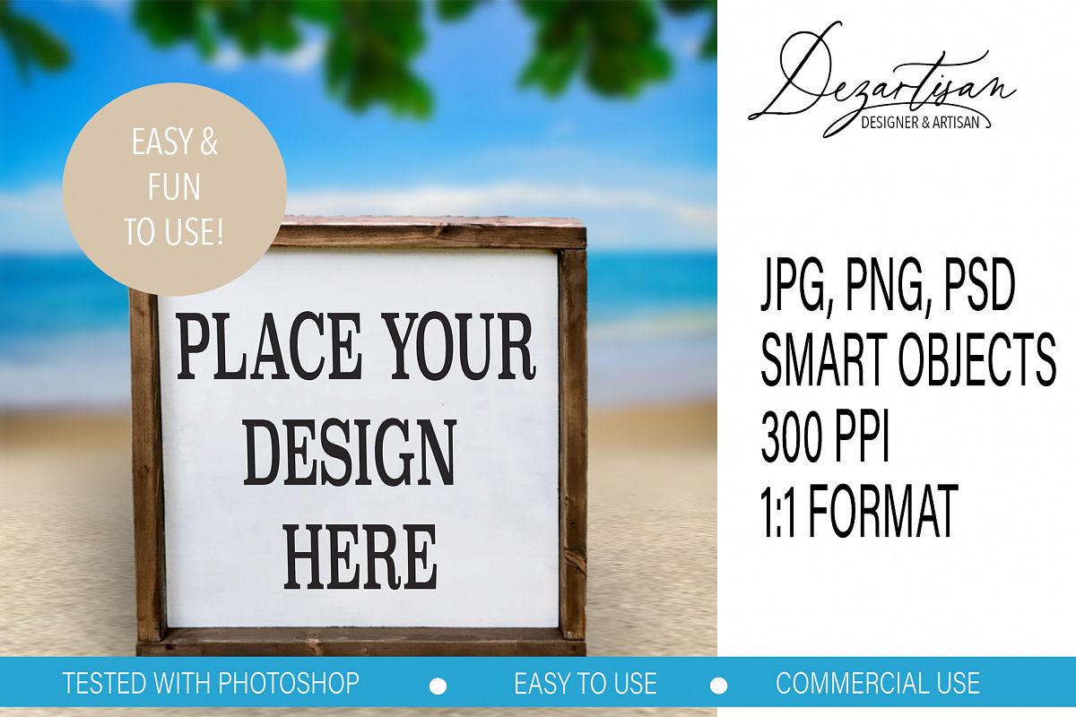 Beach Summer Square Wood Sign Mock up Bundle PSD JPG PNG example image 1