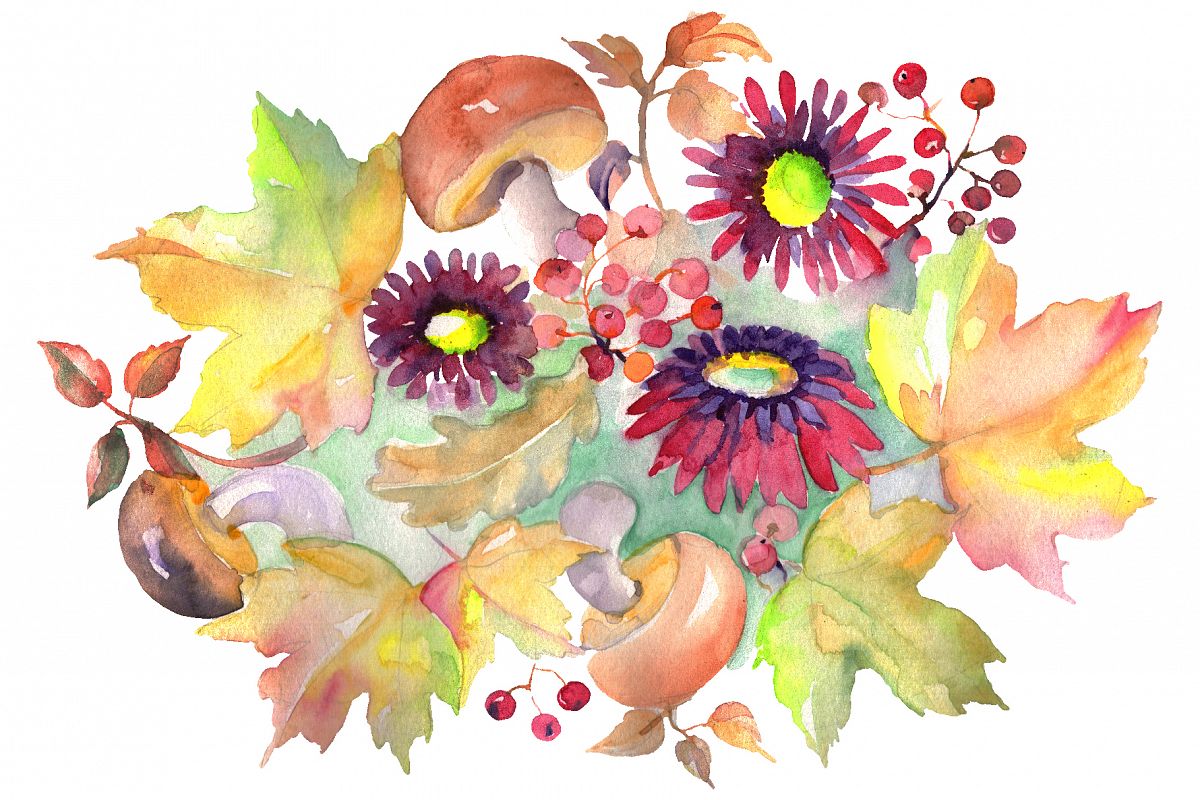 Bouquet with asters and mushrooms Watercolor png example image 1