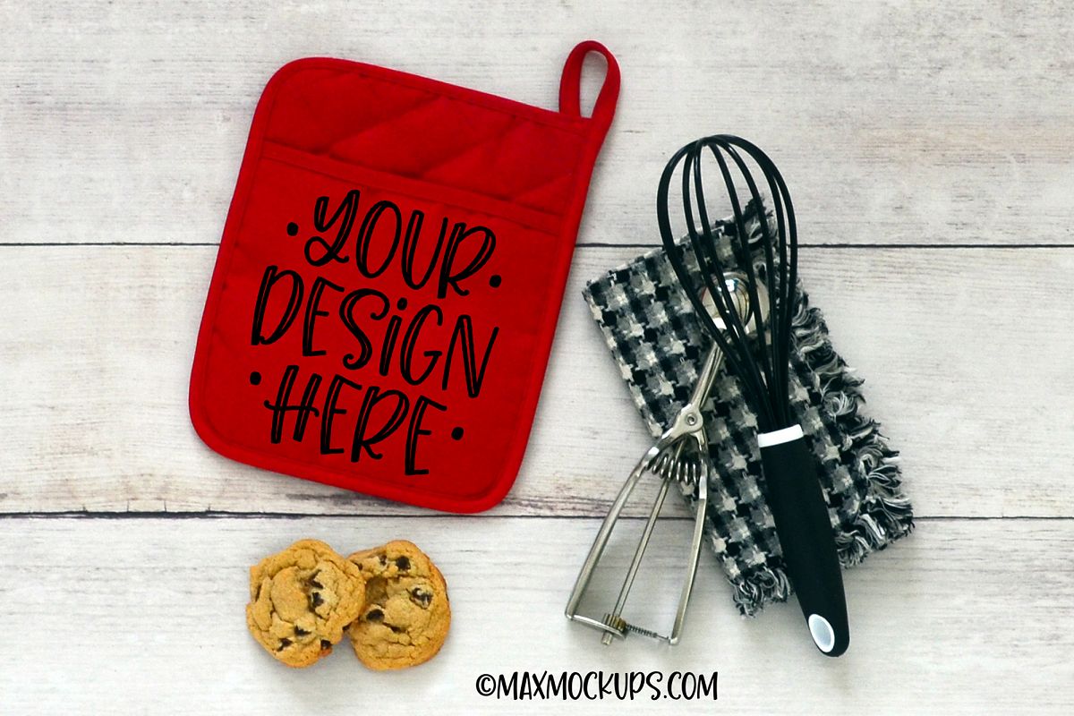 Red pocket kitchen potholder mockup, oven mitt hot pad example image 1