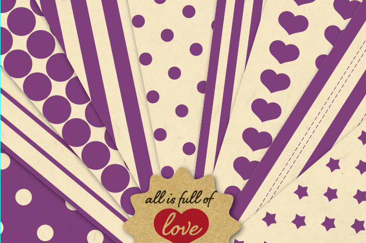 Vintage Background Patterns in Purple Digital Paper Pack with Stripes, Dots, Stars and Hearts example image 1