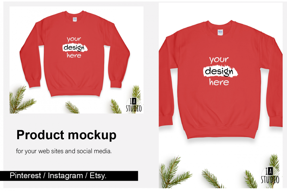 Christmas Sweatshirt Mockup / Gildan 18000 Red / Flat Lay example image 1
