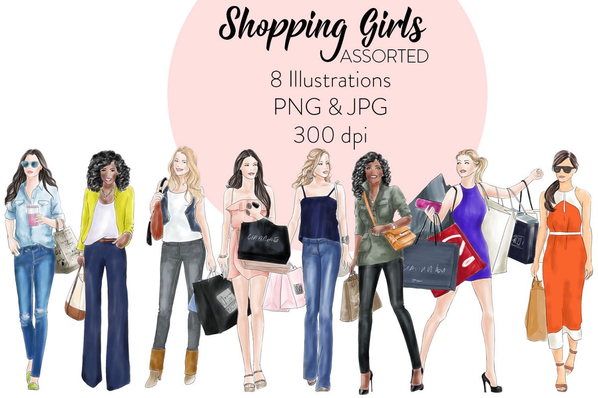 Watercolour fashion illustration clipart Shopping Girls - Assorted example image 1