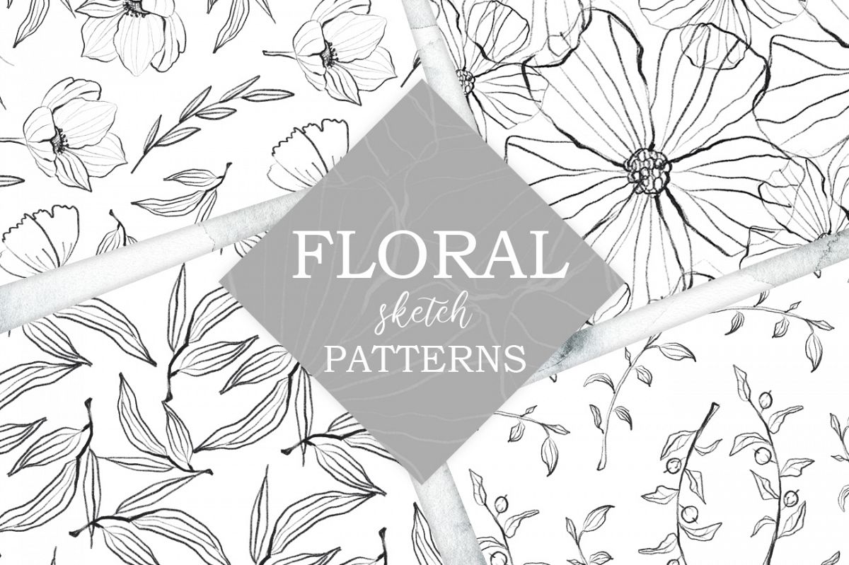 Flower and leaves sketch patterns, Seamless backgrounds example image 1