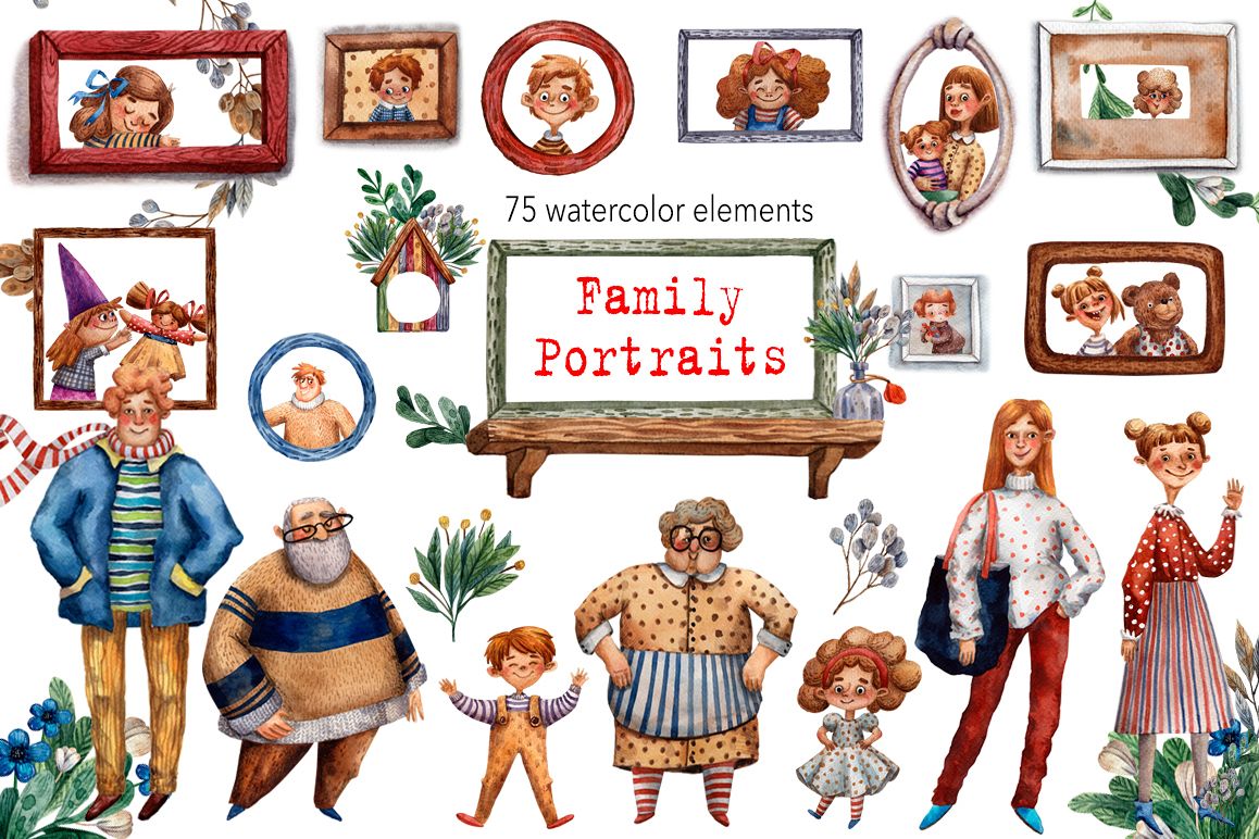 Family Portraits - Watercolor Clip Art Set example image 1
