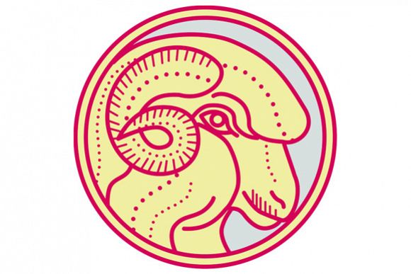 Merino Ram Sheep Head Circle Mono Line example image 1
