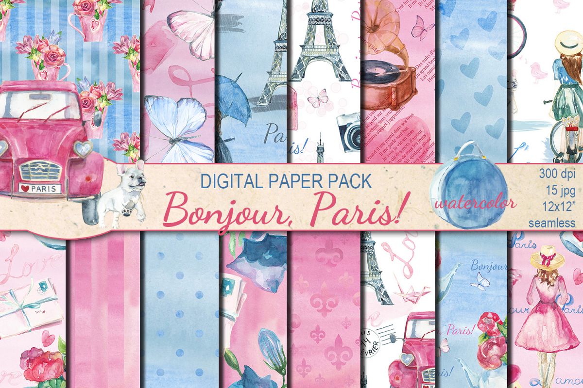 Watercolor Bonjour Paris seamless digital paper pack example image 1