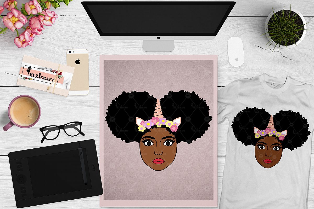 Afro Girl, Afro Puff, Afro Unicorn Face, Flower SVG Cut File example image 1