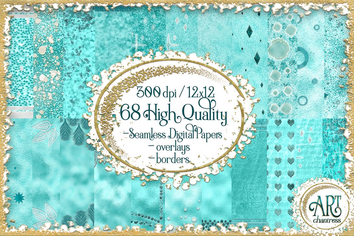 Teal Aqua Foil Glitter Seamless Digital Papers,Borders Set example image 1