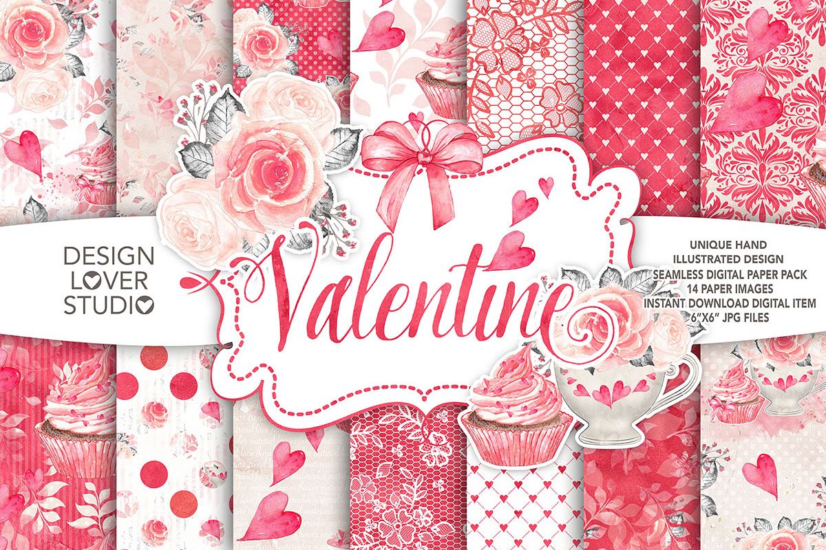 Watercolor Sweet Valentine digital paper pack example image 1