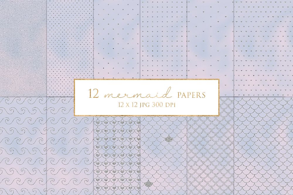 12 Silver Glitter Mermaid Digital Paper Pack example image 1