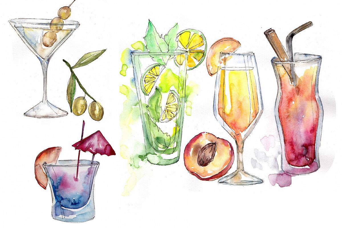 Download Refreshing cocktails PNG watercolor set (109121 ...