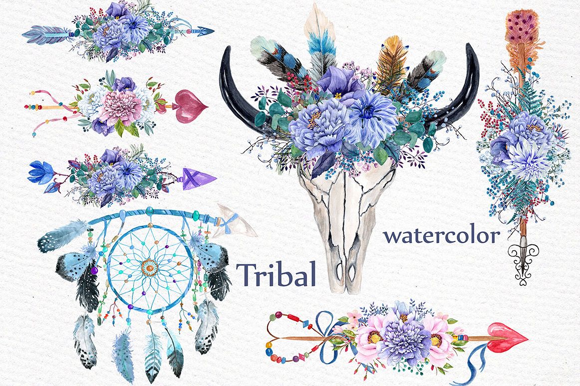 Watercolor tribal clipart example image 1