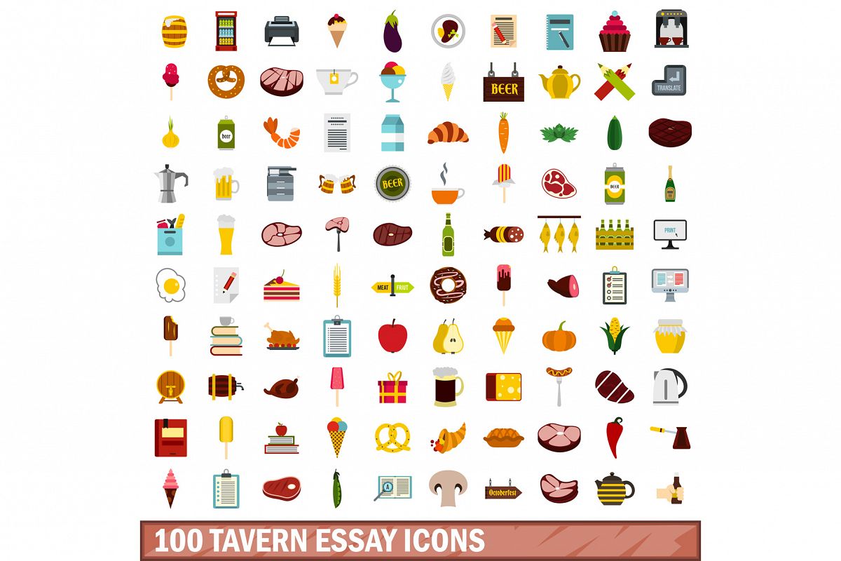 100 tavern essay icons set, flat style example image 1