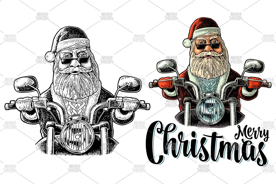 Santa Claus riding a classic chopper bike Vector engraving example image 1