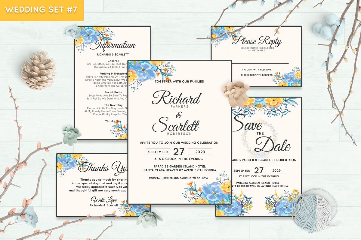 Wedding Invitation Set #7 Watercolor Floral Flower Style example image 1
