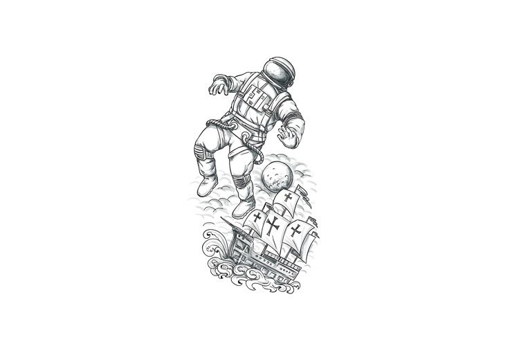 Astronaut Tethered to Caravel Tattoo example image 1