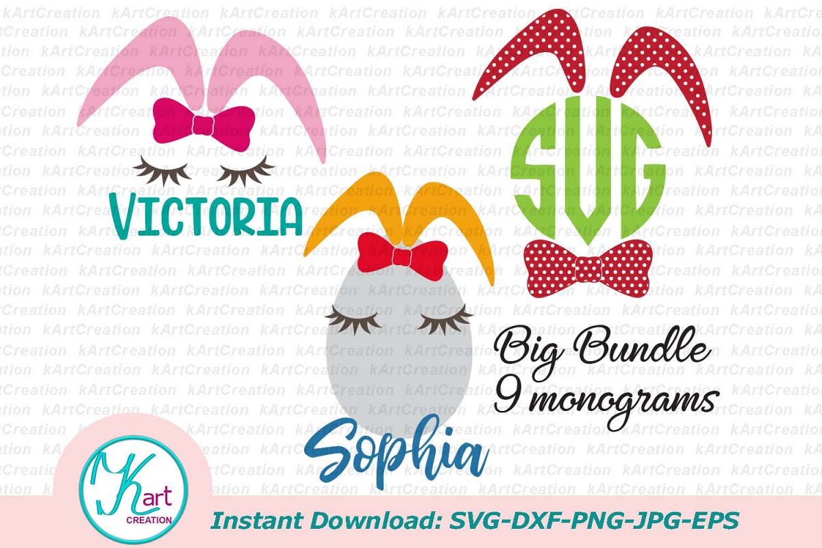Bunny ears eggs kid monogram bundle set svg dxf clipart png example image 1