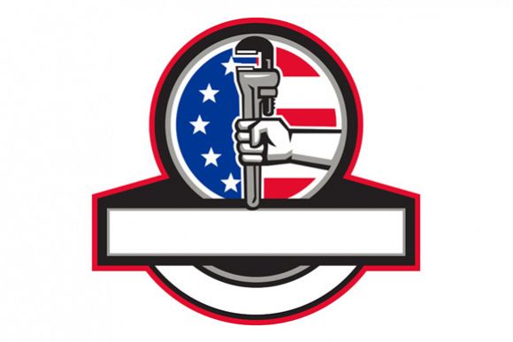 Plumber Hand Holding Pipe Wrench Flag Circle Banner Retro example image 1