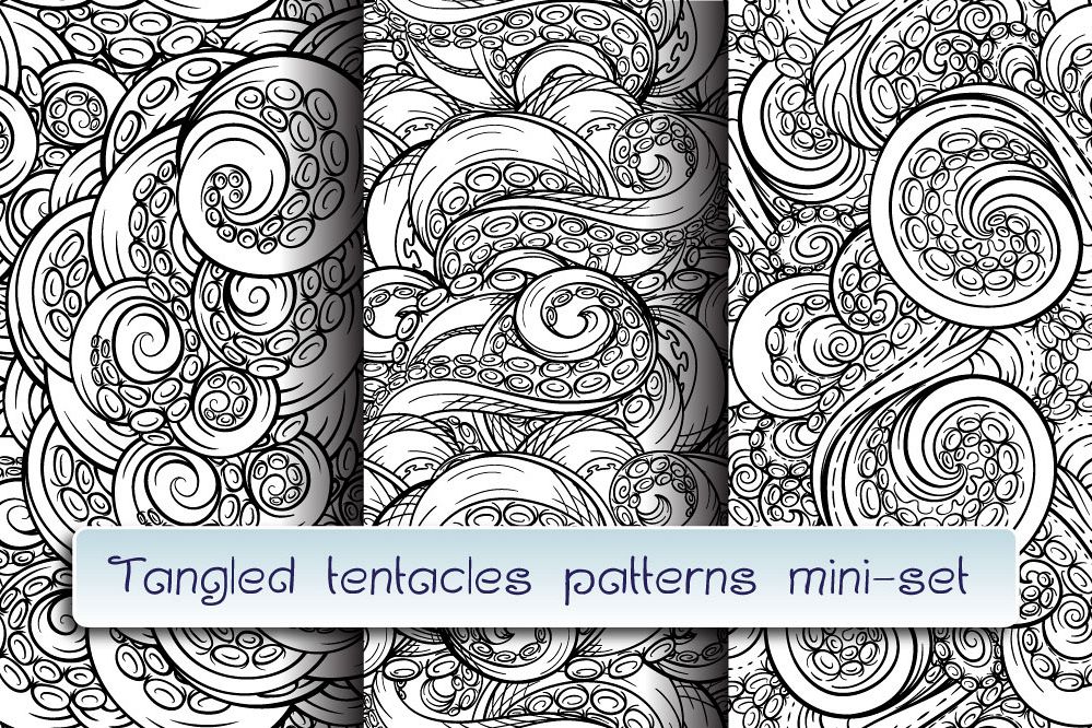 Black and white tangled tentacles patterns mini-set example image 1