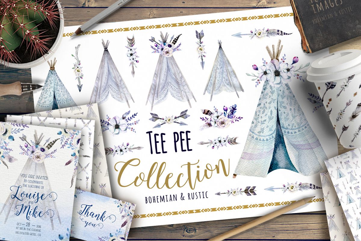 Watercolor bohemian teepee & pattern example image 1