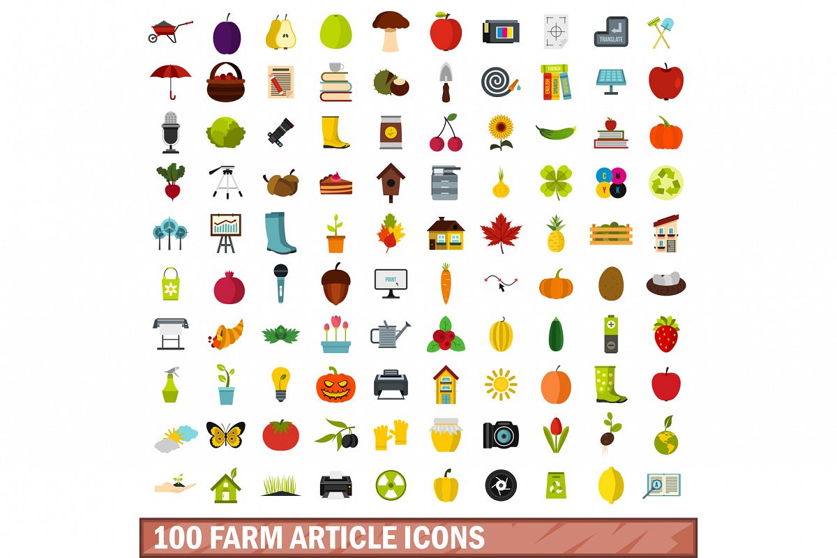 100 farm article icons set, flat style example image 1