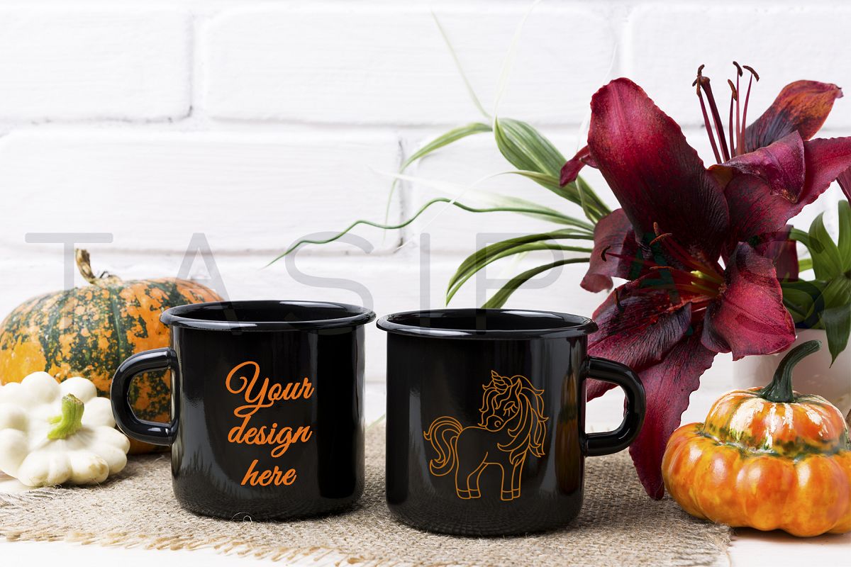 Two black campfire enamel mug mockup with pumpkin example image 1