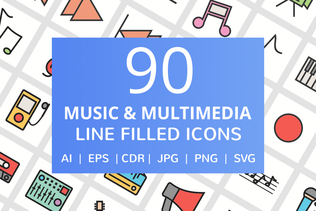 90 Music & Multimedia Filled Line Icons example image 1