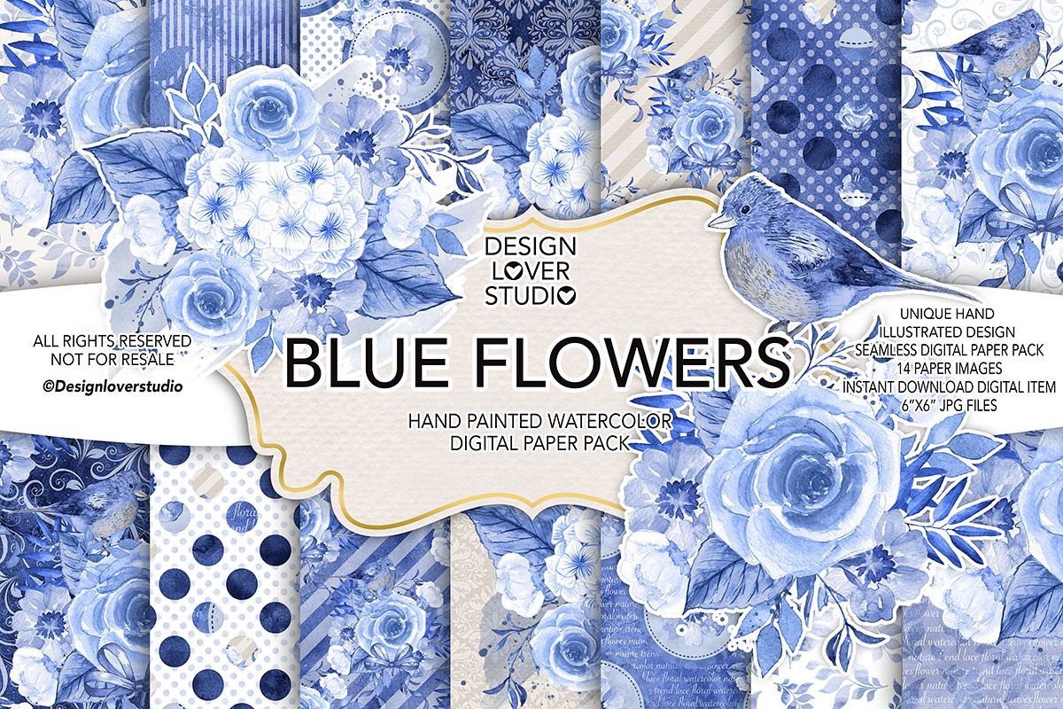 Watercolor BLUE FLOWERS digital paper pack example image 1