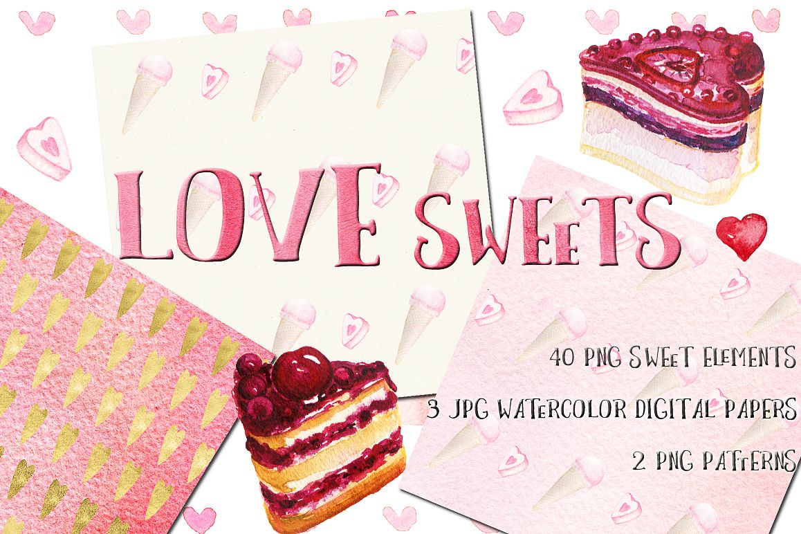 Love sweets. Watercolor clipart example image 1