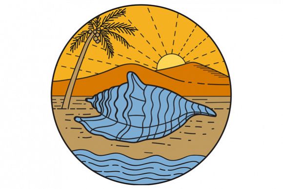 Conch Shell on Beach Mountain Sun Coconut Tree Mono Line example image 1