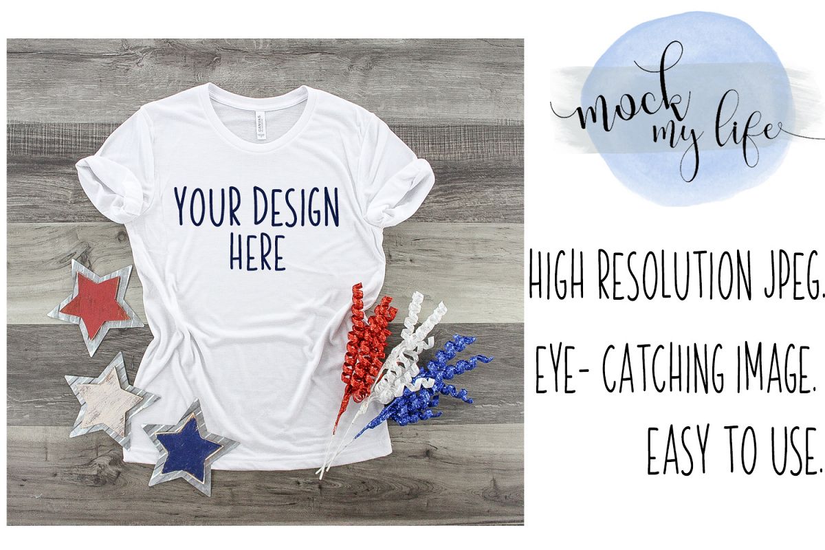 MockUp Bella Canvas White Shirt / Patriotic Flat Lay example image 1