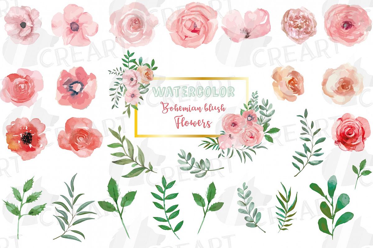 Blush watercolor floral wedding clip art, pink flowers leafs example image 1