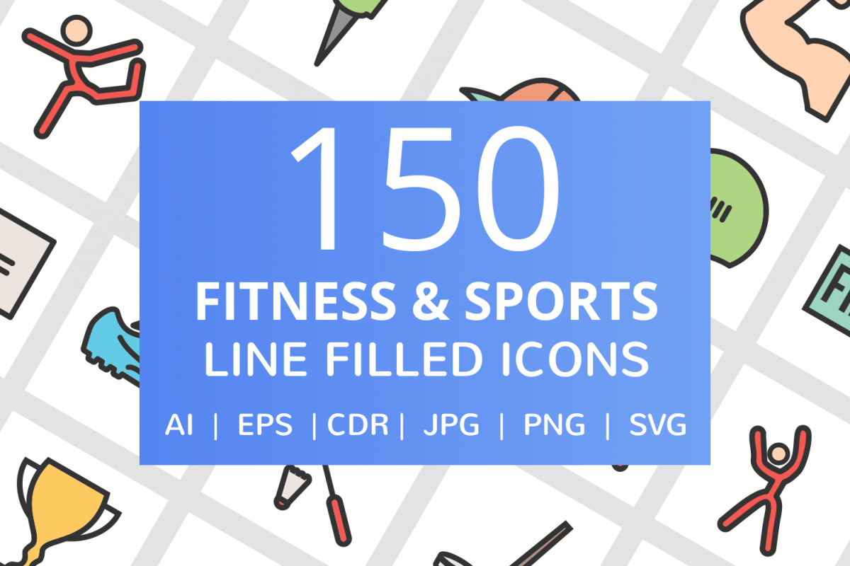 150 Fitness & Sports Filled Line Icons example image 1