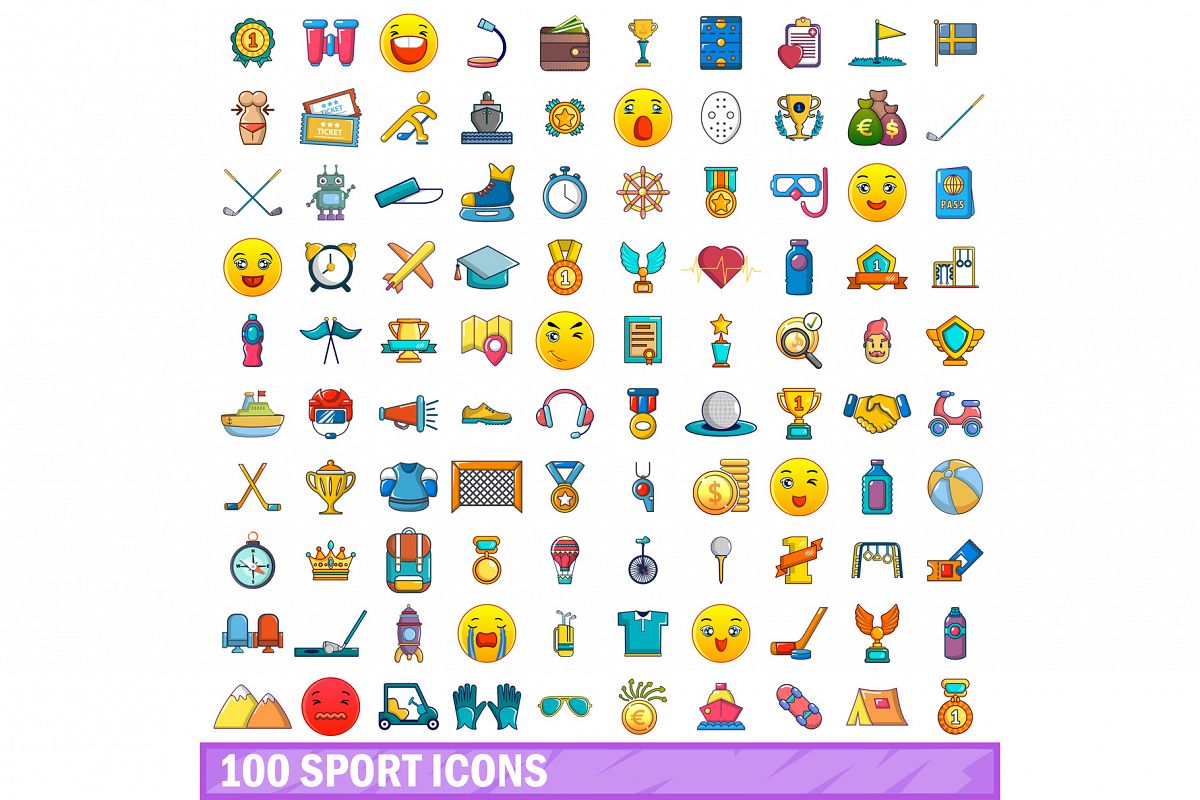 100 sport icons set, cartoon style example image 1