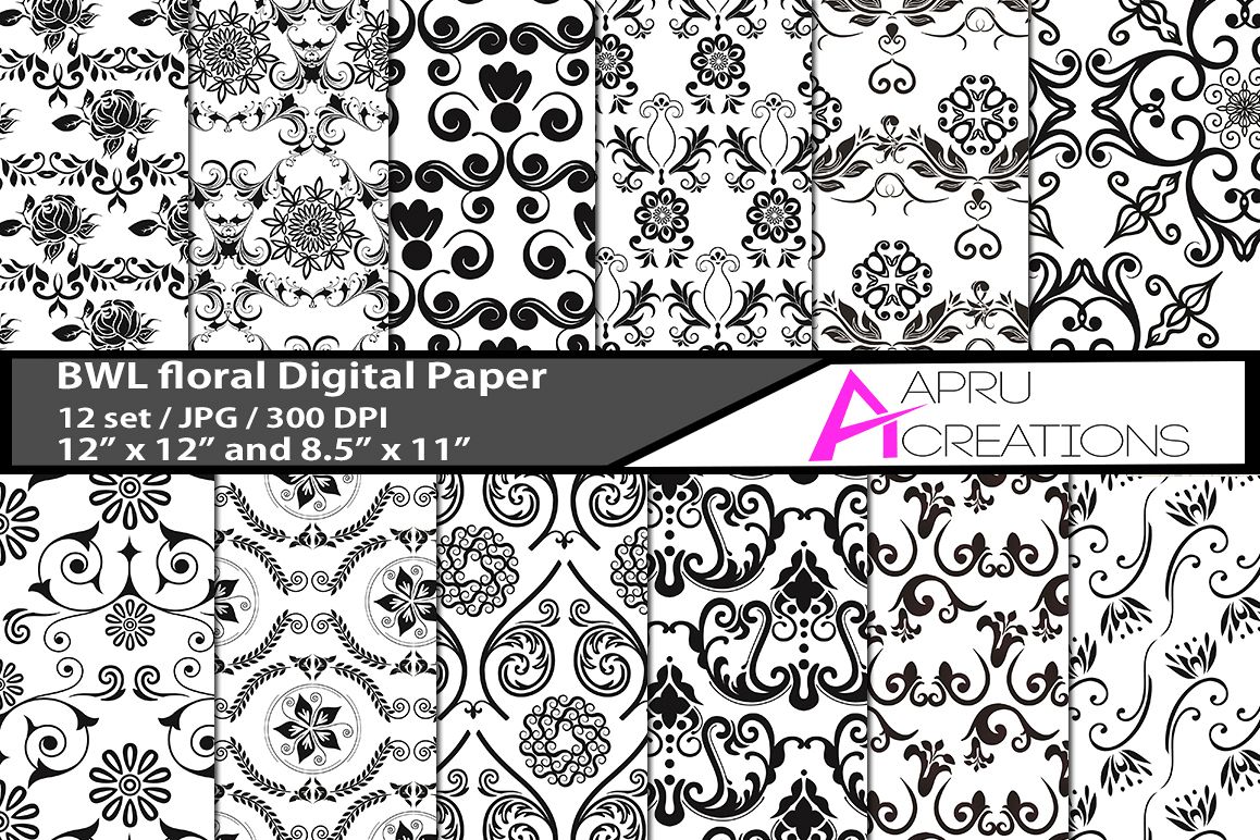Black and White floral digital papers, stars pattern, digital papers, high quality 300 dpi, 12 x 12 inch , and 8.5 x 11 inch example image 1