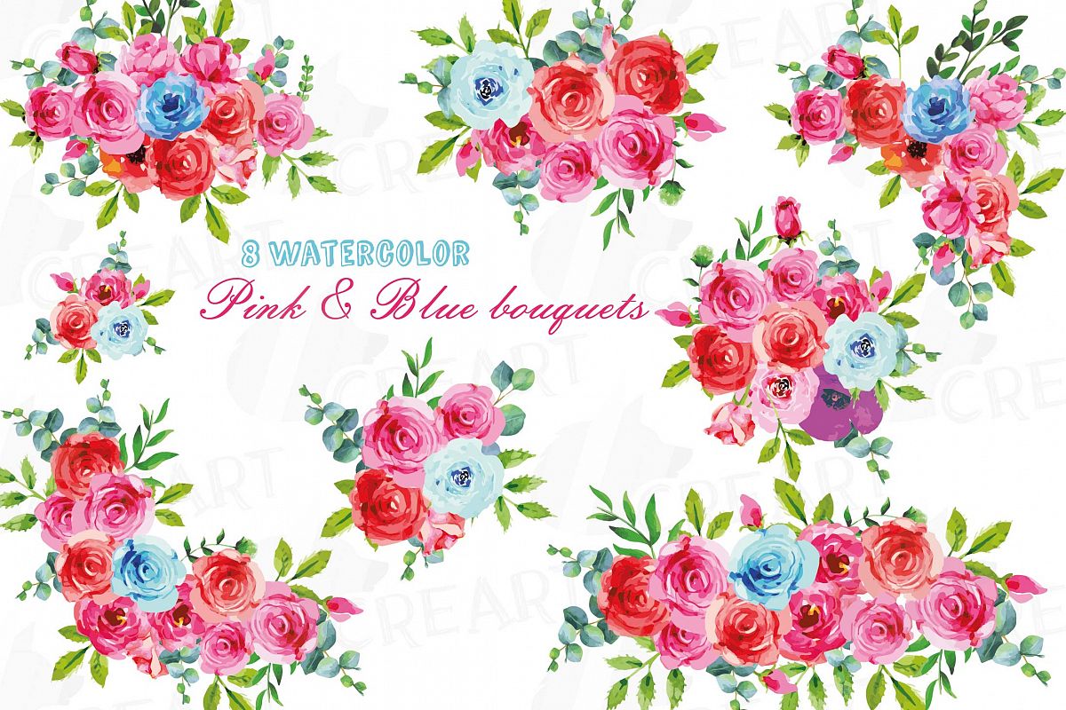 Boho pink and blue watercolor wedding bouquets, floral png example image 1