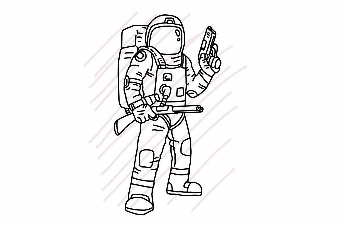 Astronaut holding pistol and shortgun - SVG/JPG/PNG Hand Drawing example image 1