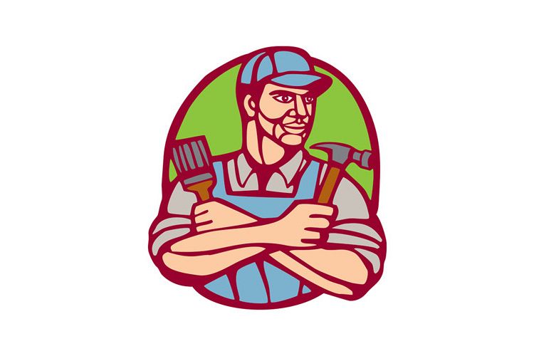 Builder Carpenter Paintbrush Hammer Linocut example image 1