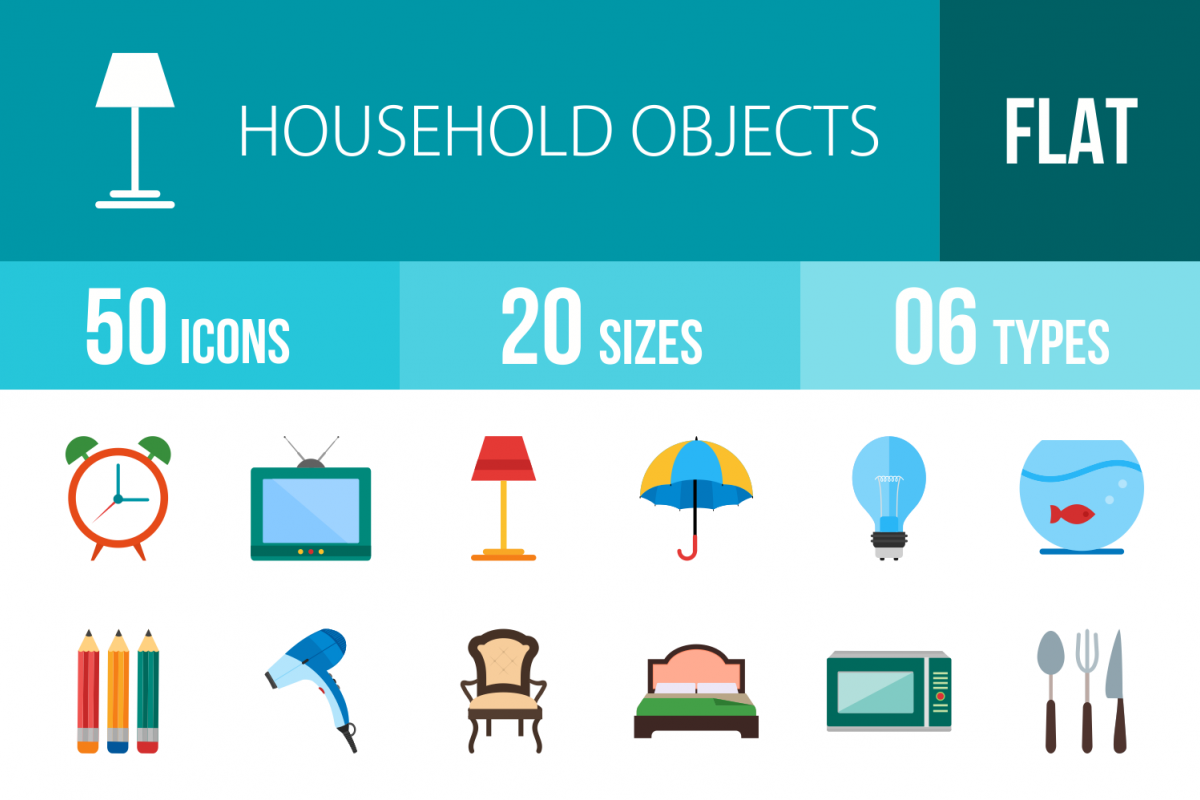 50 Household Objects Flat Multicolor Icons example image 1