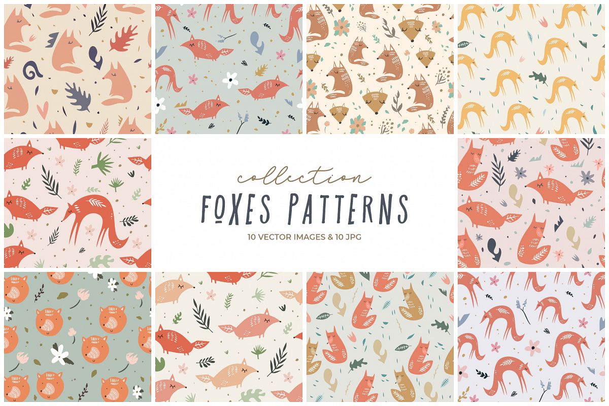 Cute foxes seamless patterns, nursery prints, vector clip ar example image 1