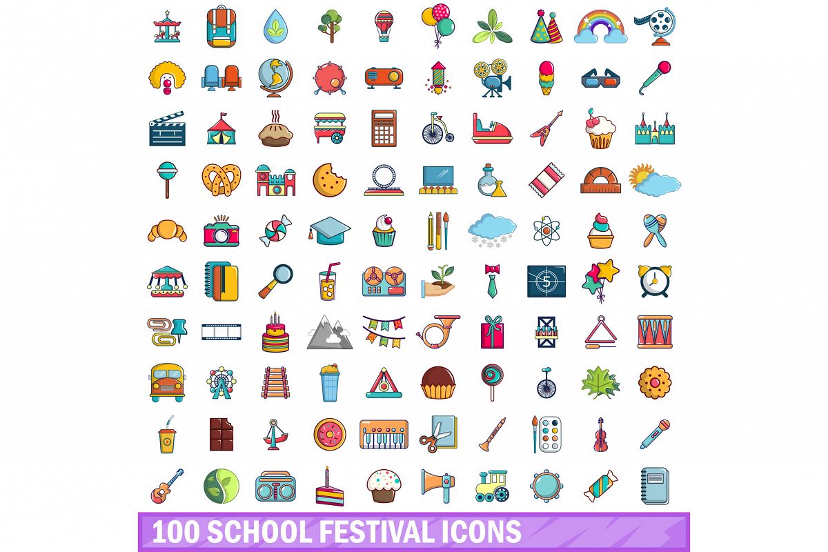100 school festival icons set, cartoon style example image 1