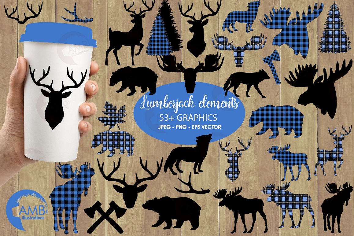Lumberjack clipart, Blue Buffalo plaid, Forest animal silhouettes graphic, illustration, AMB-2359 example image 1