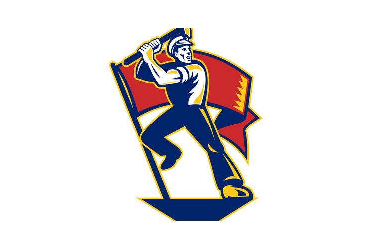 Worker With Sledge Hammer And Flag Retro example image 1