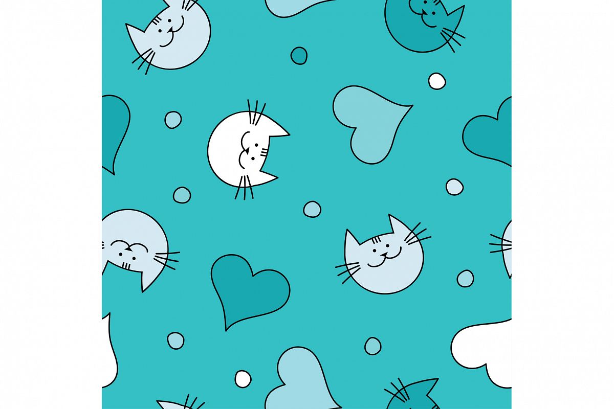 Seamless vector background with decorative cats and hearts. Print. Repeating background. Cloth design, wallpaper. example image 1