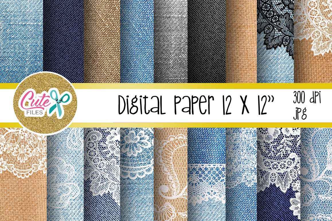 Denim and lace digital paper for scrapbooking example image 1